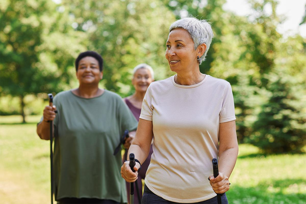 Senior women hiking.