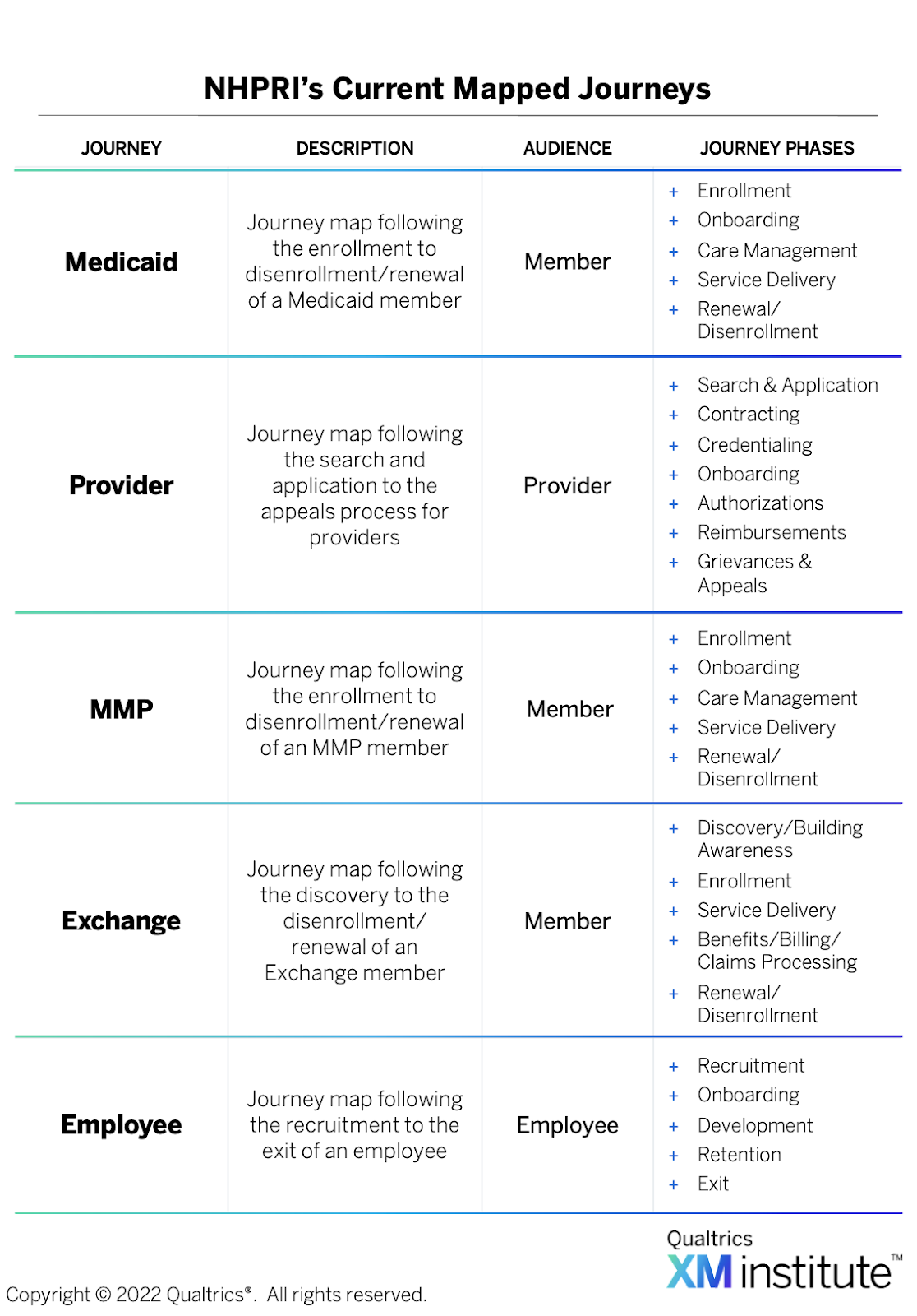 NHPRI's current mapped journeys table showing five journey types: Medicaid, Provider, MMP, Exchange, Employee