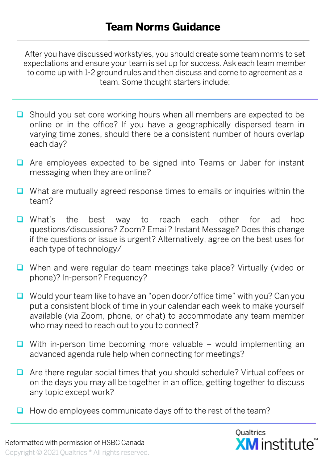 Team Norms Guidance checklist with nine questions covering core working hours, communication expectations, meeting schedules, and office time protocols