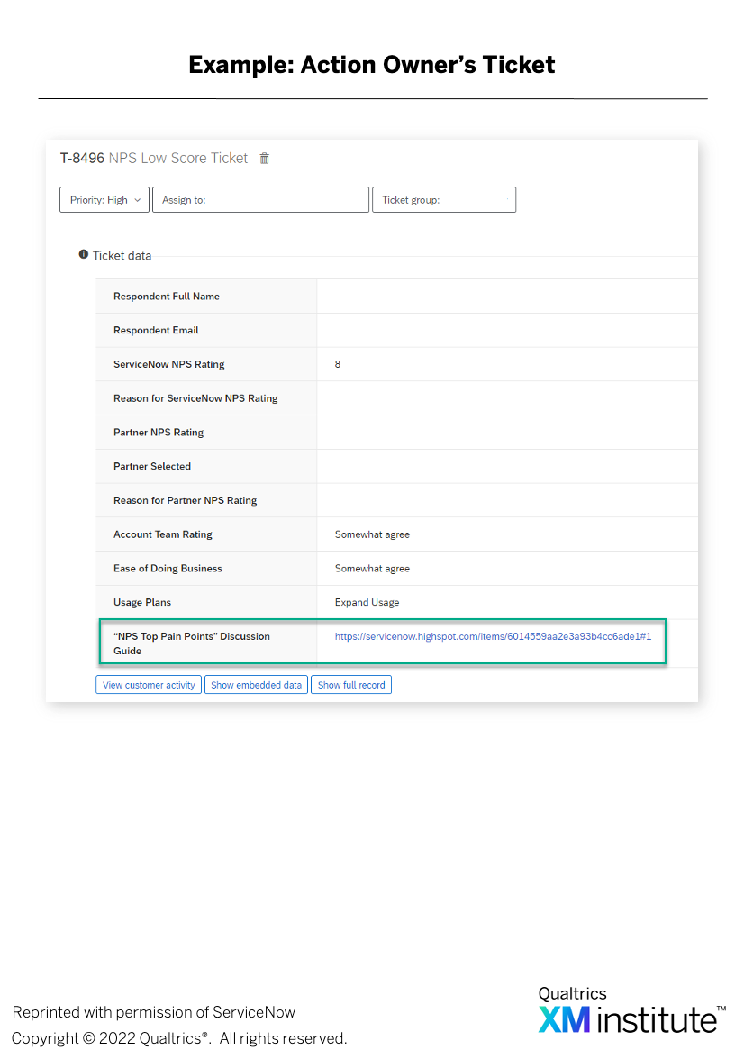 ServiceNow ticket interface showing NPS low score follow-up with customer data fields and pain points discussion guide