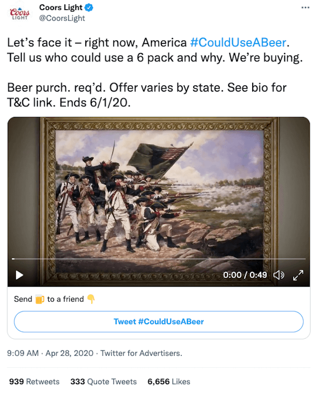 Coors Light #CouldUseABeer offer tweet.