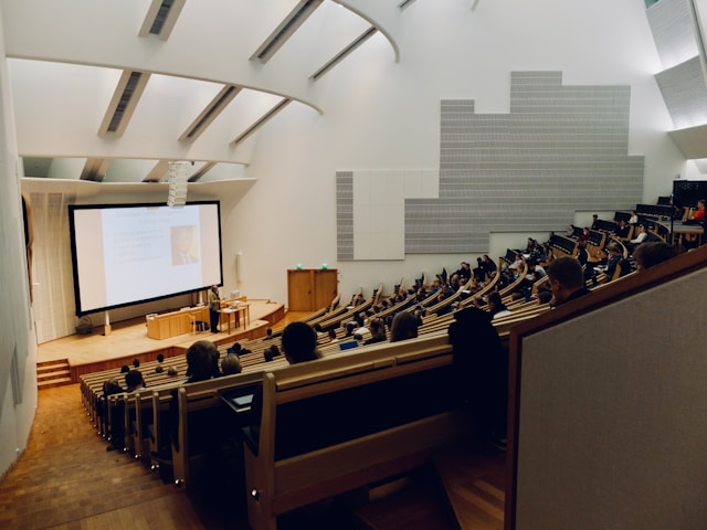 View of a lecture hall from top of the room.