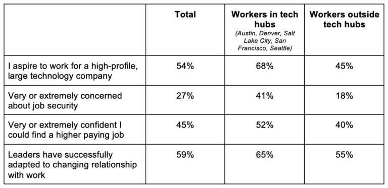Workers in tech hubs and outside tech hubs have different outlooks