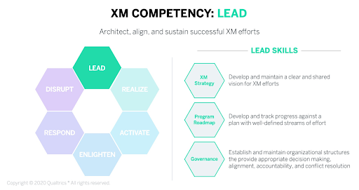 Diagram of LEAD XM competency showing three skills: Strategy, Roadmap, and Governance with six supporting competencies
