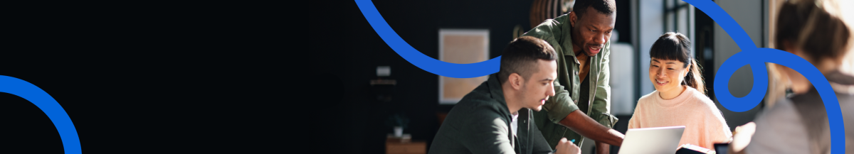 Graphic showing a group of three people working together in an open space