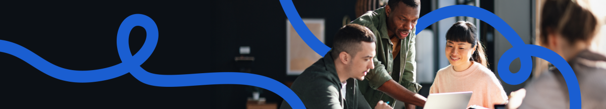 A graphic showing three people looking at a laptop