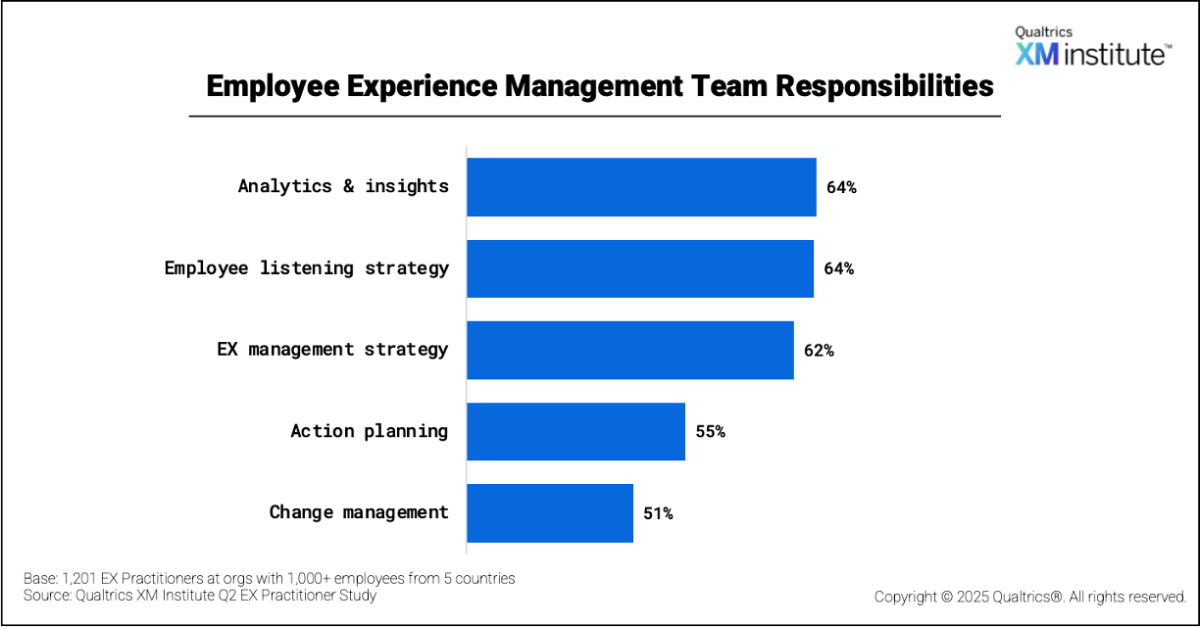 Chart showing employee experience management team responsibilities