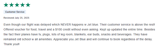 5 star JetBlue customer review.