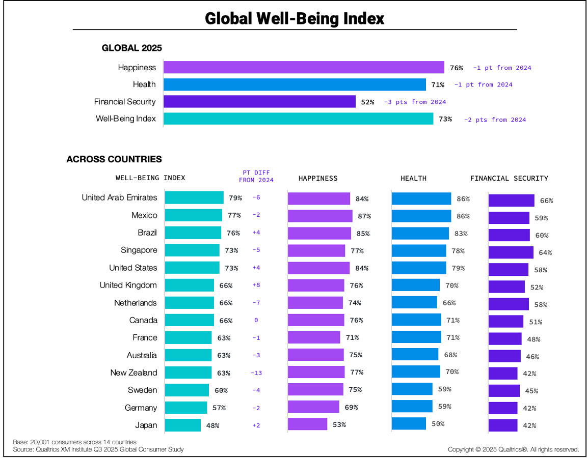 bar chart of 2025 global well-being index by element and by country 