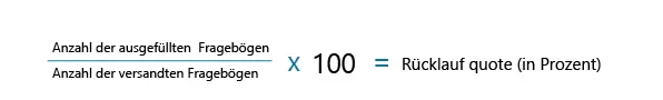 Formel zur Berechnung der Rücklaufquote: Anzahl der ausgefüllten Fragebögen geteilt durch Anzahl der versandten Fragebögen mal 100 gleich Rücklaufquote in Prozent.