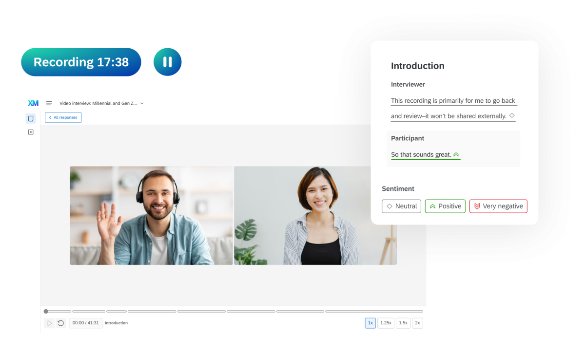 An interface for a video interview recording showing a split-screen call between two people alongside a live transcription and sentiment analysis panel.