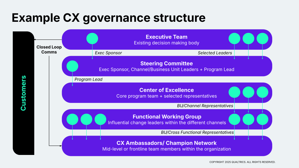 Visual titled "Example CX governance structure" that shows five different groups within a governance structure: executive team, steering committee, center of excellence, functional working group, and CX ambassadors / champions network