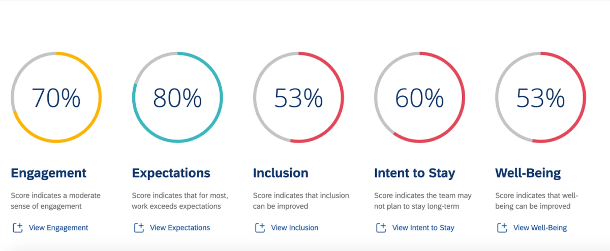 Five circular progress gauges showing percentages for key metrics: Engagement (70%), Expectations (80%), Inclusion (53%), Intent to Stay (60%), and Well-Being (53%).