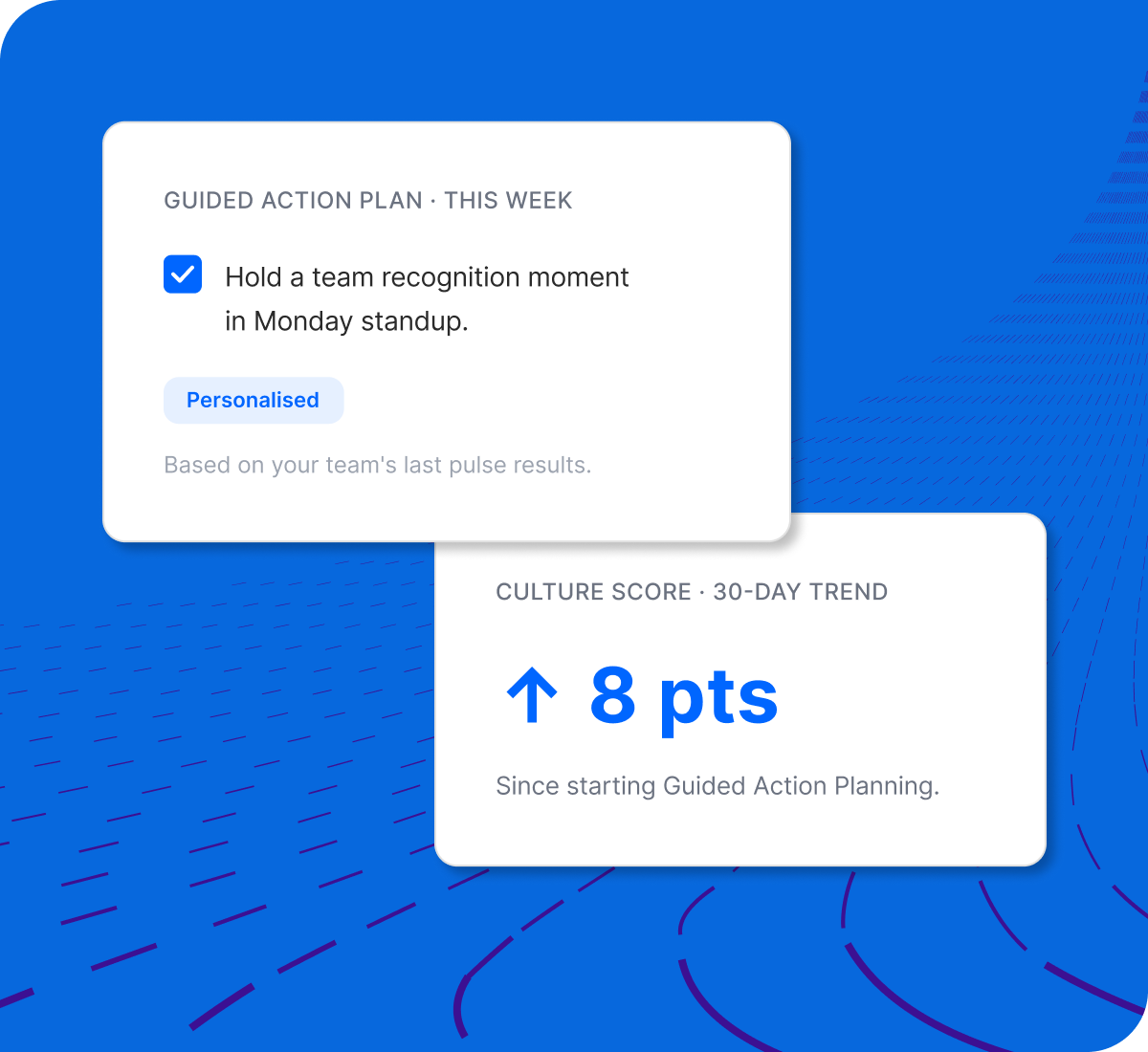 Qualtrics Guided Action Plan recommends a personalised team recognition action; Culture Score 30-day trend shows 8-point improvement from Guided Action Planning.