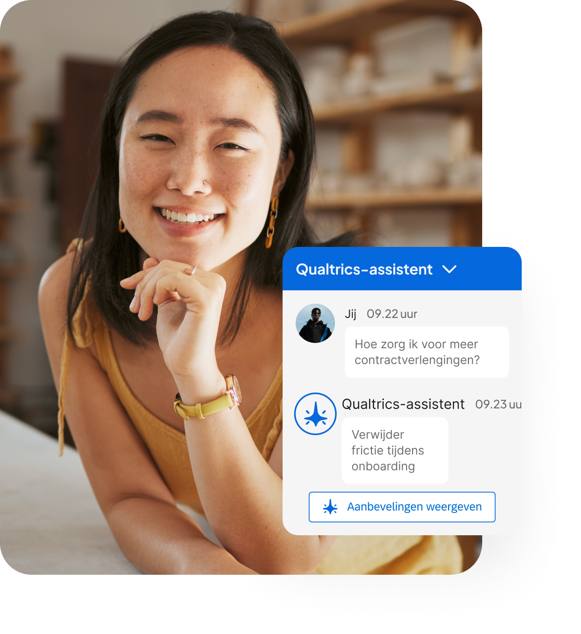 Qualtrics-dashboard 'Overzicht per kanaal': telefoongesprekken 57%, sociale media 15%, e-mails 8%, weergegeven in een ringdiagram.