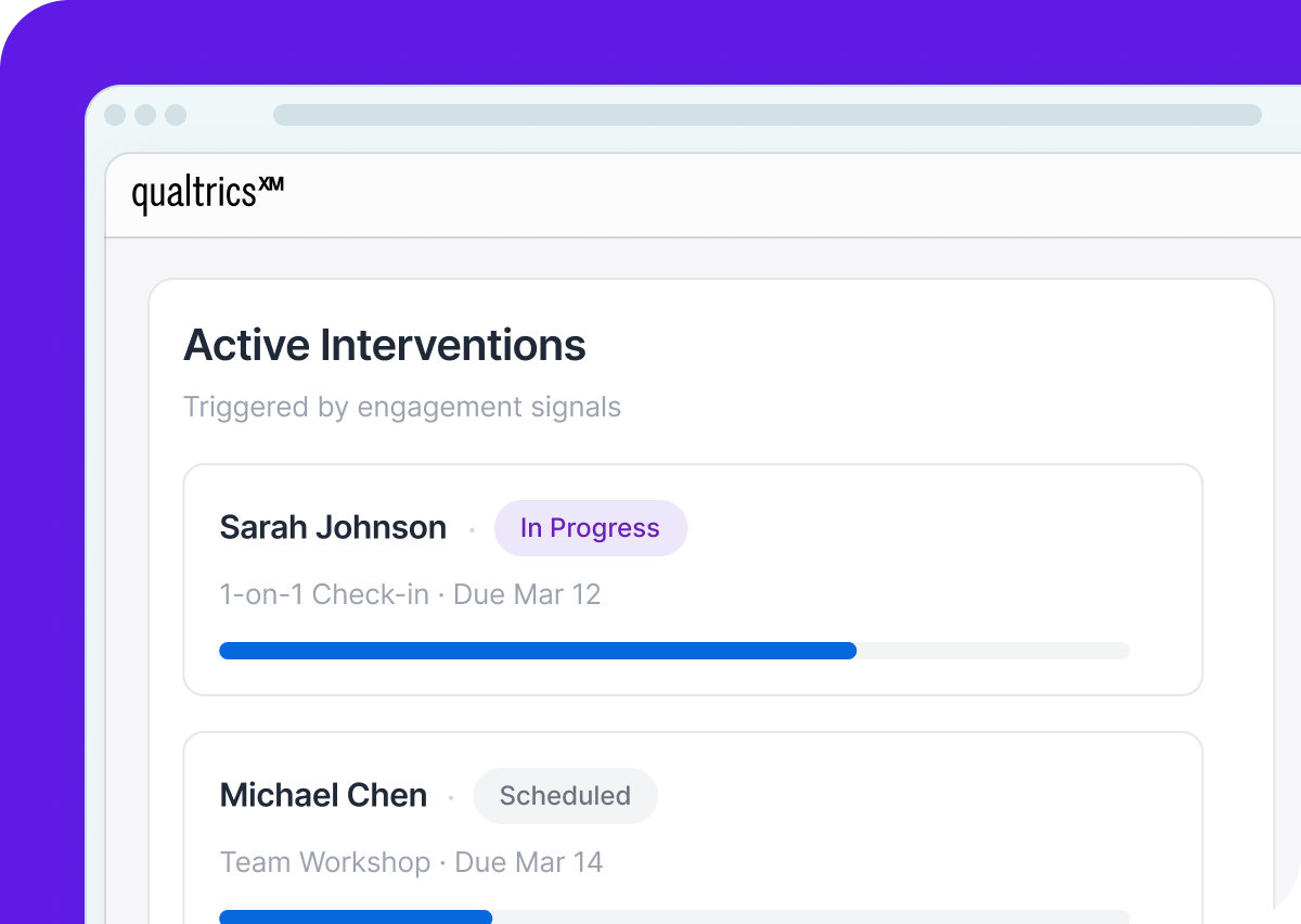 Qualtrics XM Employee Lifecycle Active Interventions Triggered by engagement signals module.