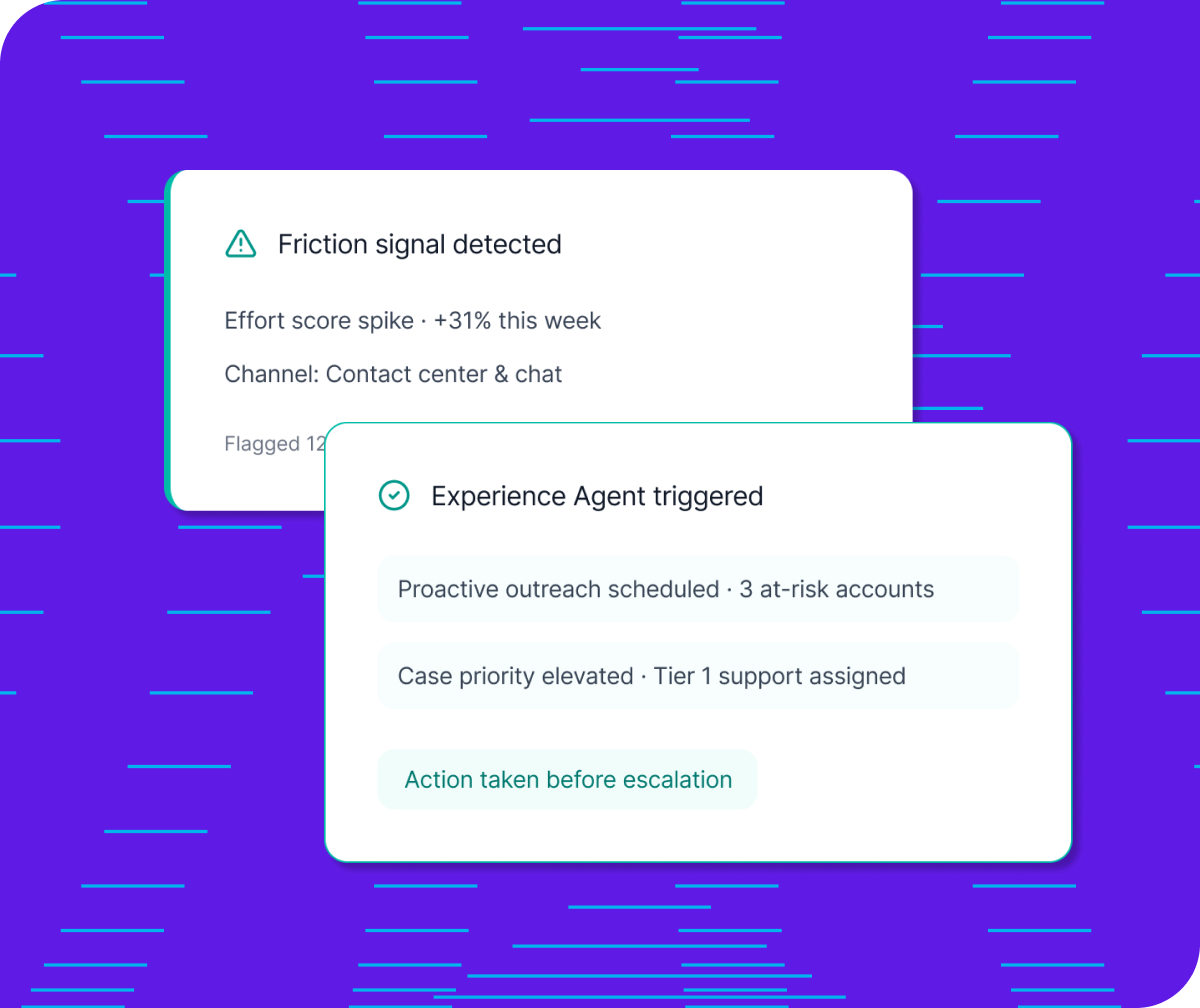 purple with teal patterns background, two overlay cards showing examples of friction signal and experience agent messages
