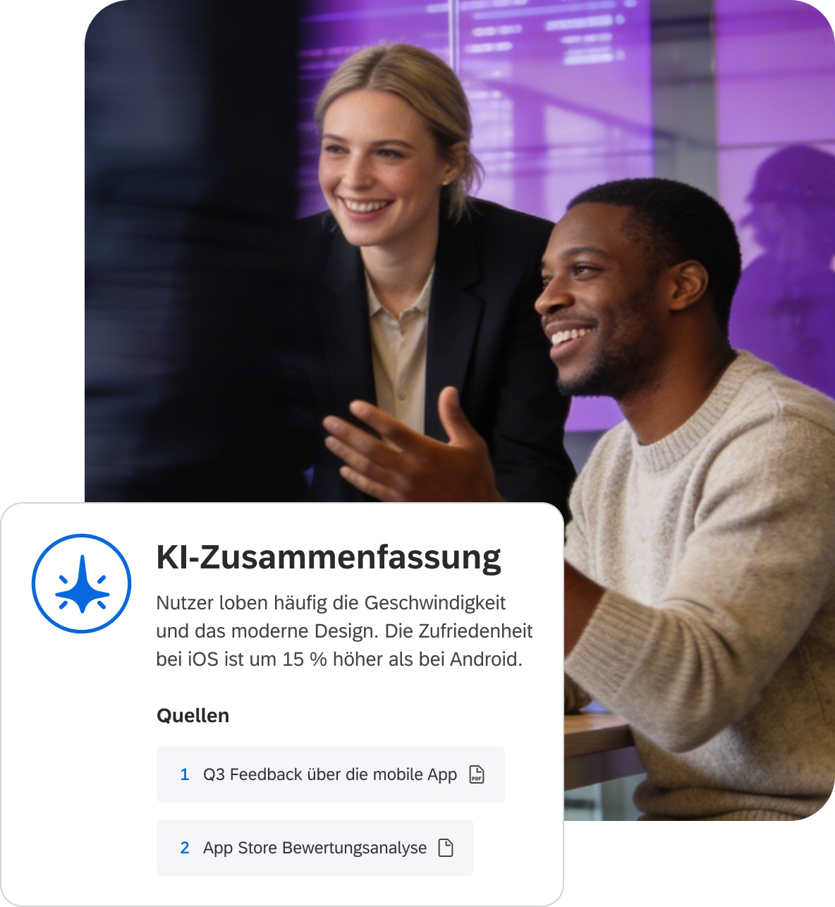Zwei lächelnde Kollegen mit KI-Zusammenfassung: iOS-Zufriedenheit 15 % höher als Android, mit zitierten Quellen aus App-Feedback und Bewertungen.