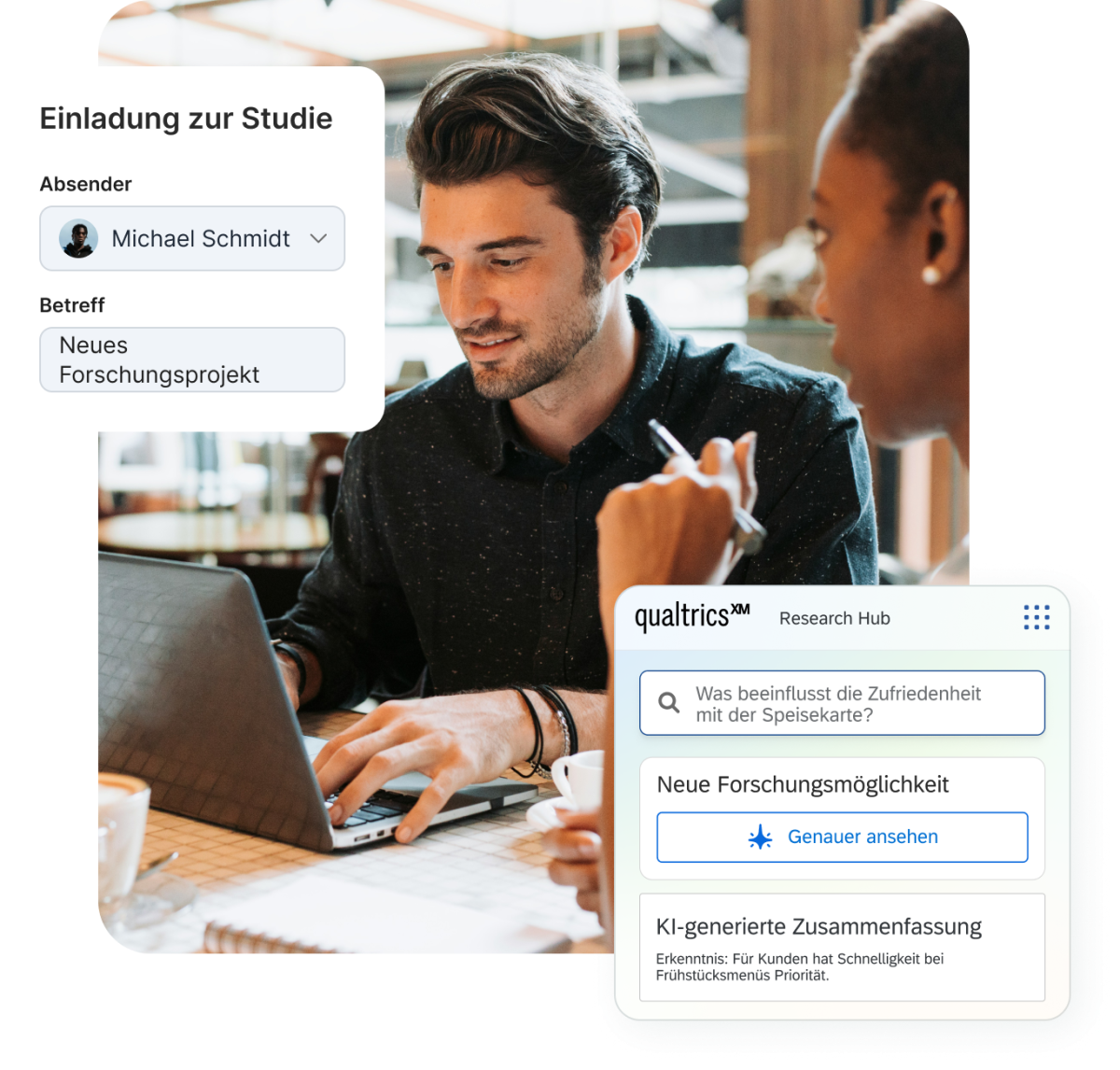 in Bild von zwei Kollegen, die auf einen Laptop schauen, überlagert mit digitalen Interface-Feldern, die eine E-Mail-Einladung zu einer Studie von Michael Schmidt und ein Qualtrics XM Research Hub-Panel zeigen.