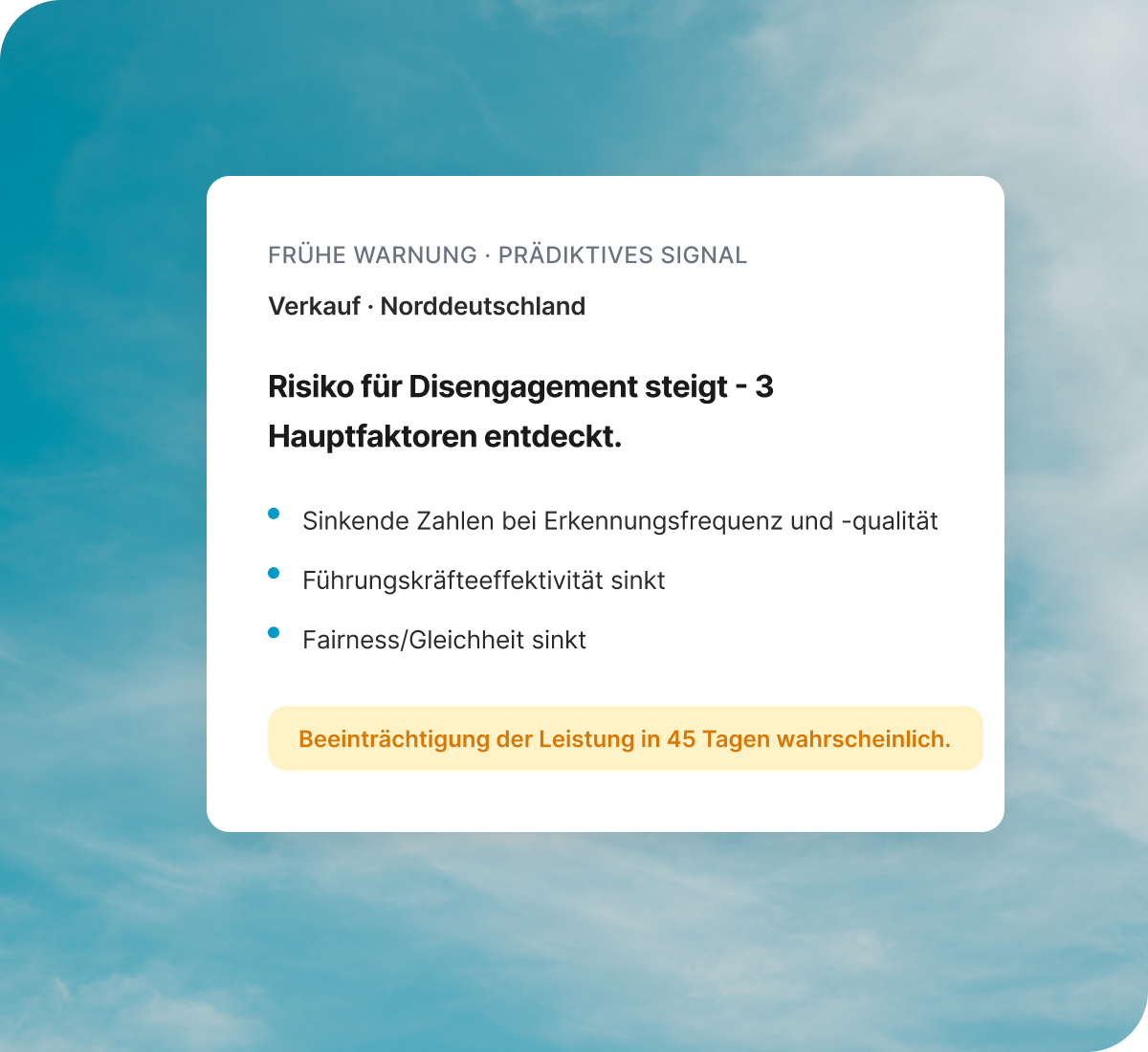 Qualtrics-Frühwarnkarte für Verkauf Norddeutschland zeigt steigendes Disengagement-Risiko mit drei erkannten Faktoren.