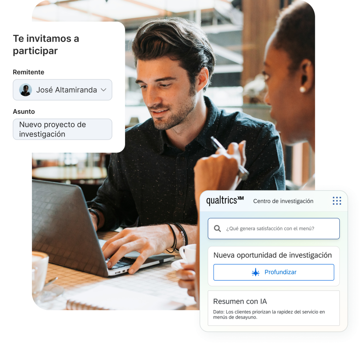 Una imagen de dos compañeros de trabajo mirando una computadora portátil, con ventanas de interfaz digital que muestran una invitación por correo electrónico a un estudio de José Altamiranda y un panel de Qualtrics XM Centro de investigación.