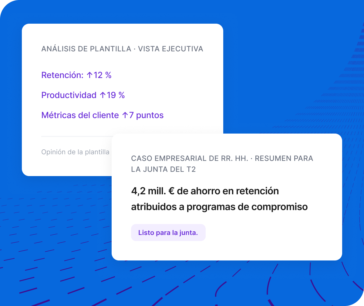 Encuesta de pulso con 2800 respuestas: crecimiento y desarrollo profesional es el principal factor de compromiso, seguido de reconocimiento y eficacia del mánager. Gran confianza.