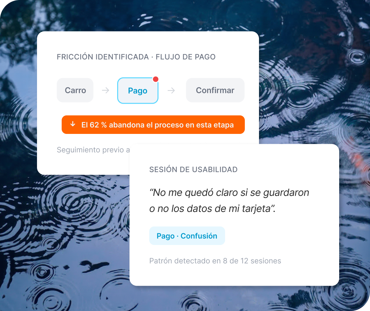 Fricción identificada en el flujo de pago: 62 % de abandono en la etapa de pago y confusión sobre el guardado de datos de tarjeta en 8 de 12 sesiones.