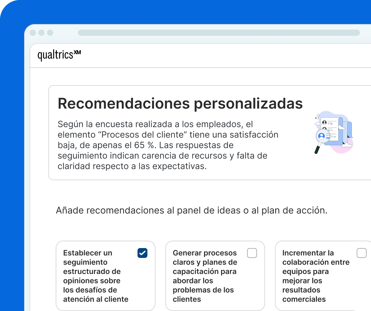 Una imagen de un panel digital en Qualtrics que presenta una sección titulada „Recomendaciones personalizadas”. Incluye un análisis sobre la baja satisfacción de los empleados (65 %) en los procesos del cliente junto con una ilustración de una lupa. Abajo se muestran tres tarjetas de recomendaciones con casillas de verificación, de las cuales la primera está marcada.