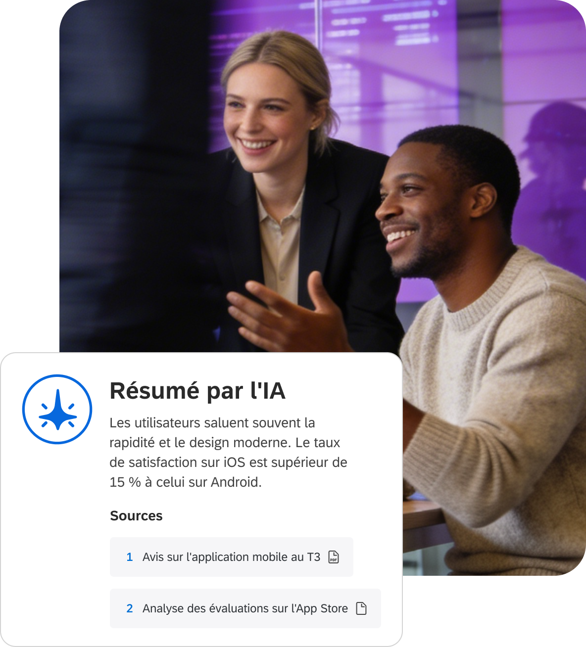 Deux collègues souriants avec résumé IA : satisfaction iOS supérieure de 15 % à Android, avec sources issues des avis mobiles et de l'App Store.