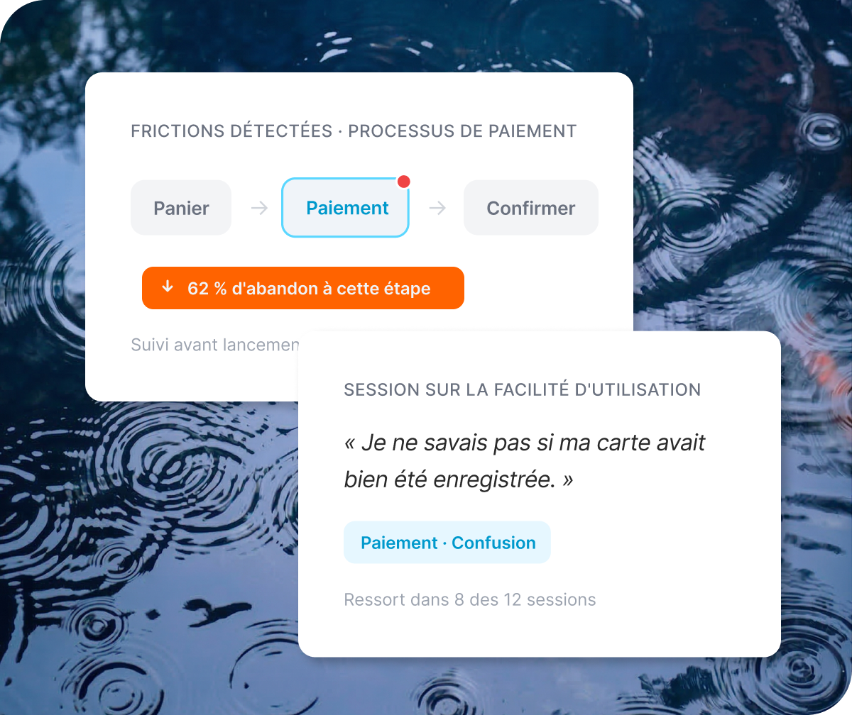 Frictions au paiement : 62 % d'abandon détectés et confusion sur l'enregistrement de carte identifiée dans 8 sessions sur 12.