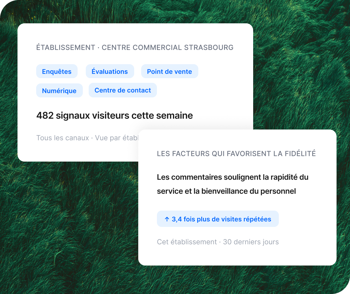 Tableau de bord Qualtrics des signaux de chiffre d'affaires sur tous les canaux : 2 millions € à risque, numérique 41 %, centre de contact 28 %, réseaux sociaux 19 %, évaluations 12 %.