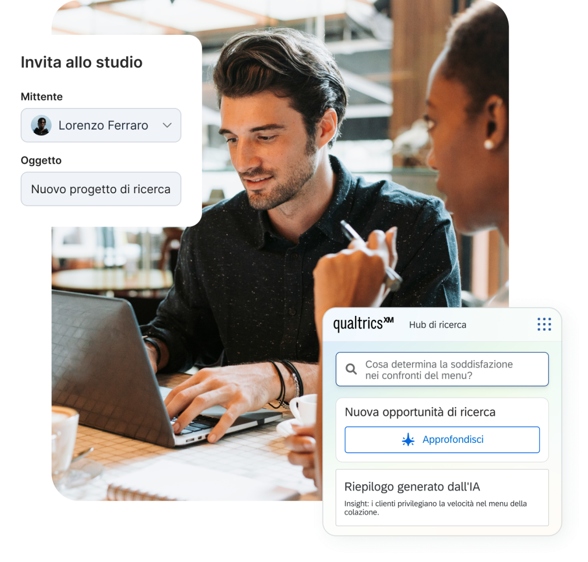 Un'immagine di due colleghi che guardano un computer portatile, con finestre dell'interfaccia digitale che mostrano un invito via e-mail a uno studio da parte di Lorenzo Ferraro e un pannello di Qualtrics XM Hub di ricerca.