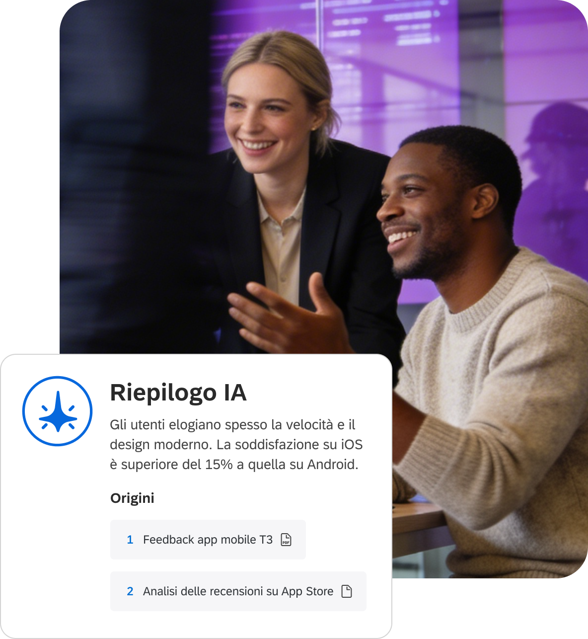 Due persone sorridenti davanti a uno schermo con pannello Riepilogo IA su feedback app mobile e soddisfazione iOS superiore del 15% ad Android