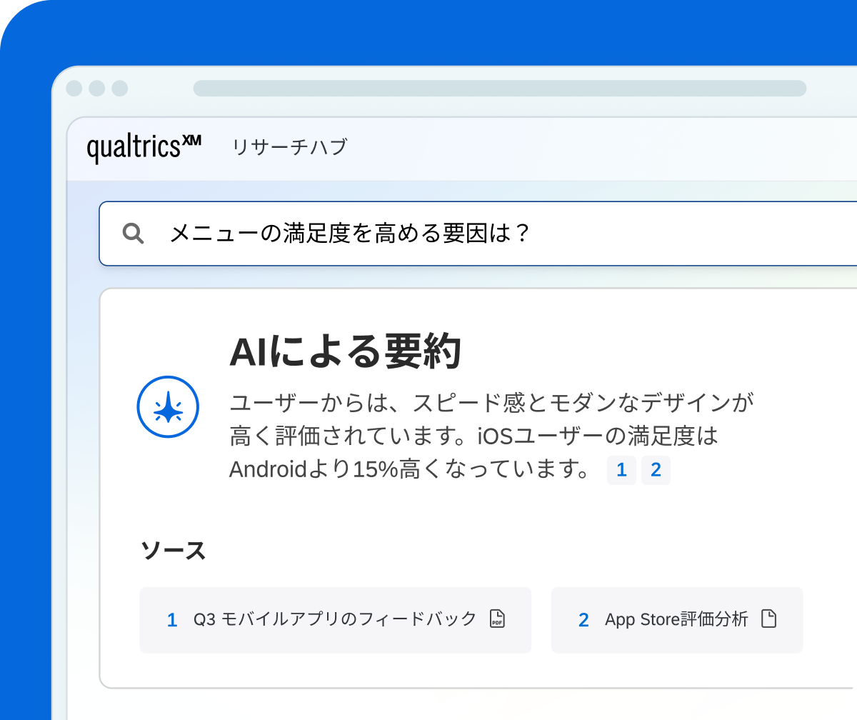 Qualtricsのリサーチライブラリに142件の調査を管理。当四半期38件追加。ブランド追跡調査テンプレートにベストプラクティスと一元承認権限を設定した画面を表示。