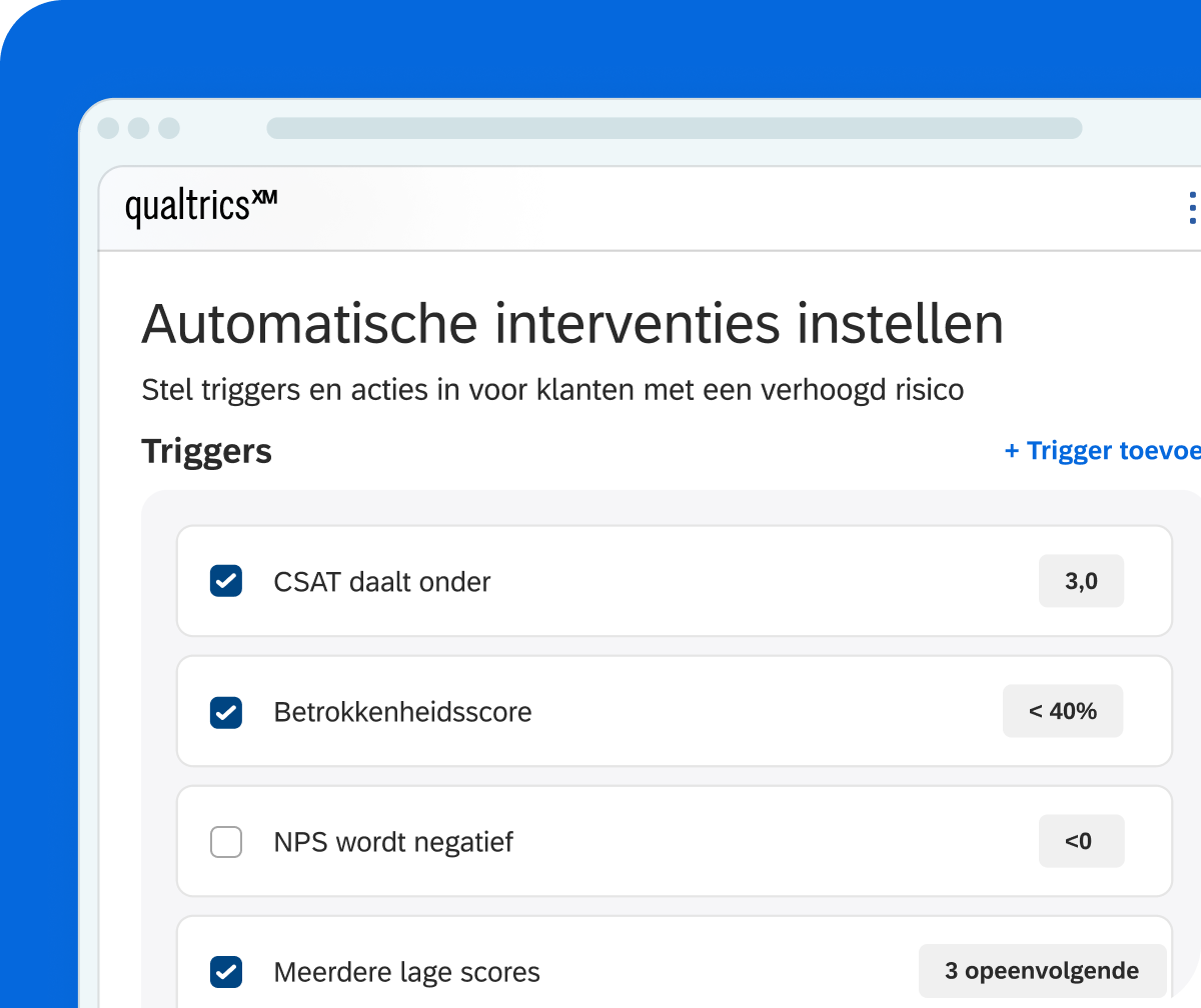 Qualtrics XM-scherm automatische interventies instellen met triggers voor klanten met verhoogd risico waaronder CSAT, betrokkenheidsscore en NPS