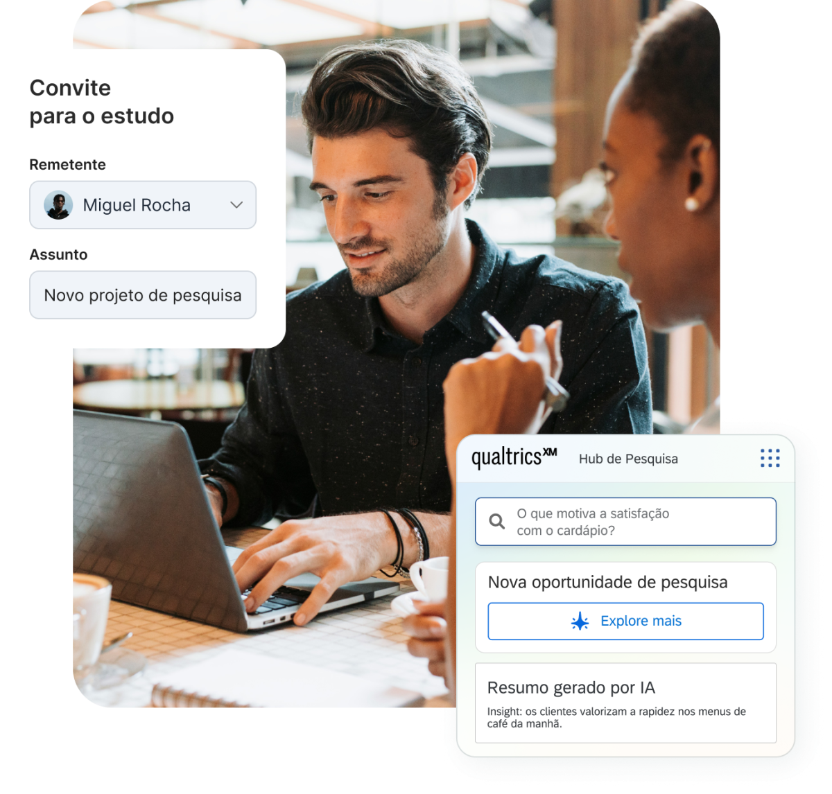 Uma imagem de dois colegas de trabalho olhando para um notebook, sobreposta por caixas de interface digital que mostram um convite de e-mail para um estudo enviado por Miguel Rocha e um painel do Qualtrics XM Hub de Pesquisa.
