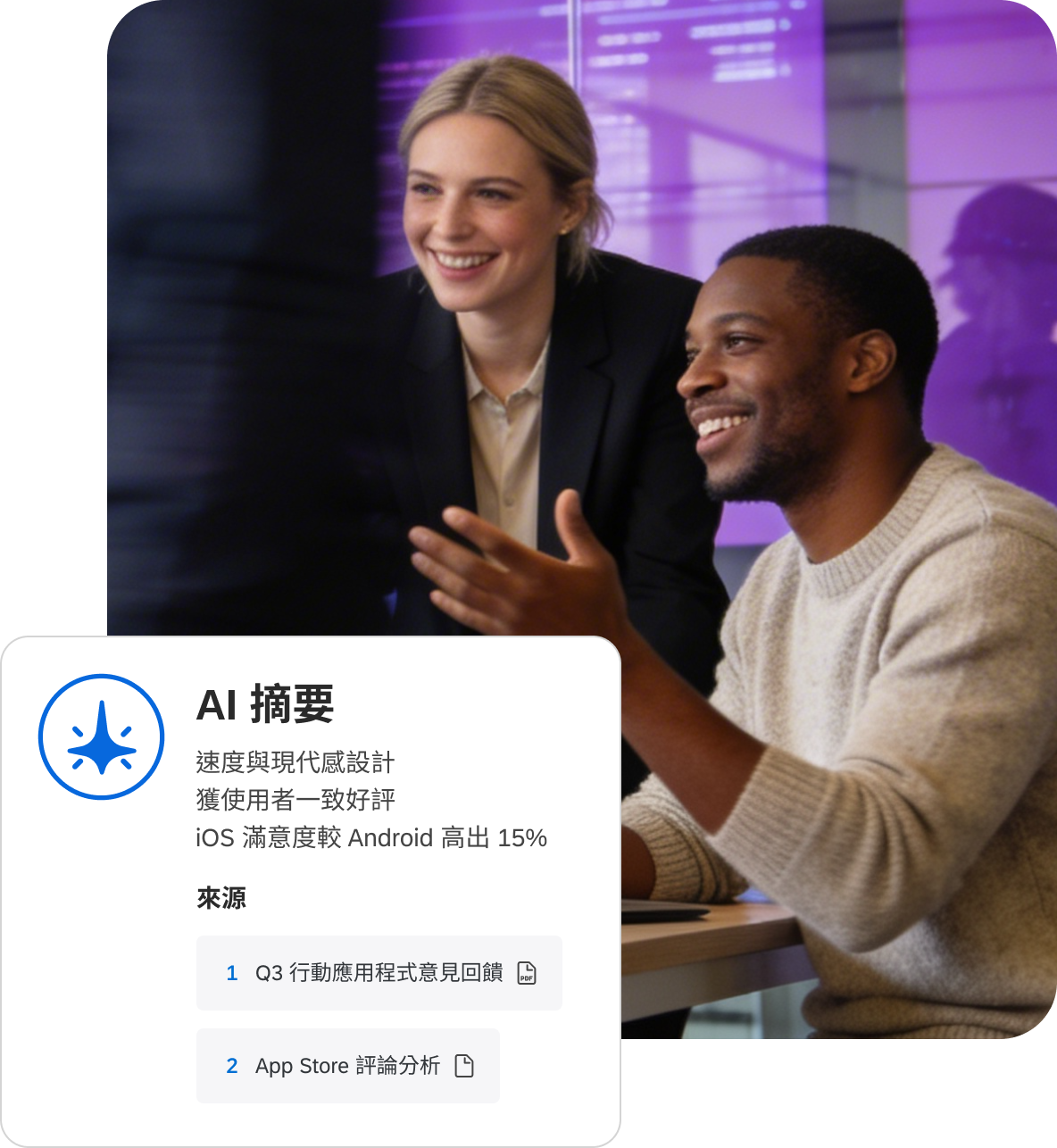 Qualtrics AI 摘要顯示 Q3 行動應用程式意見回饋與 App Store 評論分析，指出速度與現代感設計廣獲好評，iOS 滿意度較 Android 高出 15%