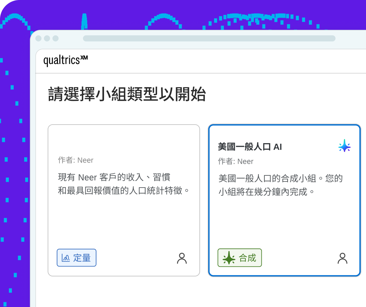 Qualtrics 介面提示選擇小組類型，選項包含定量小組與美國一般人口 AI 合成小組，合成小組可在幾分鐘內完成。