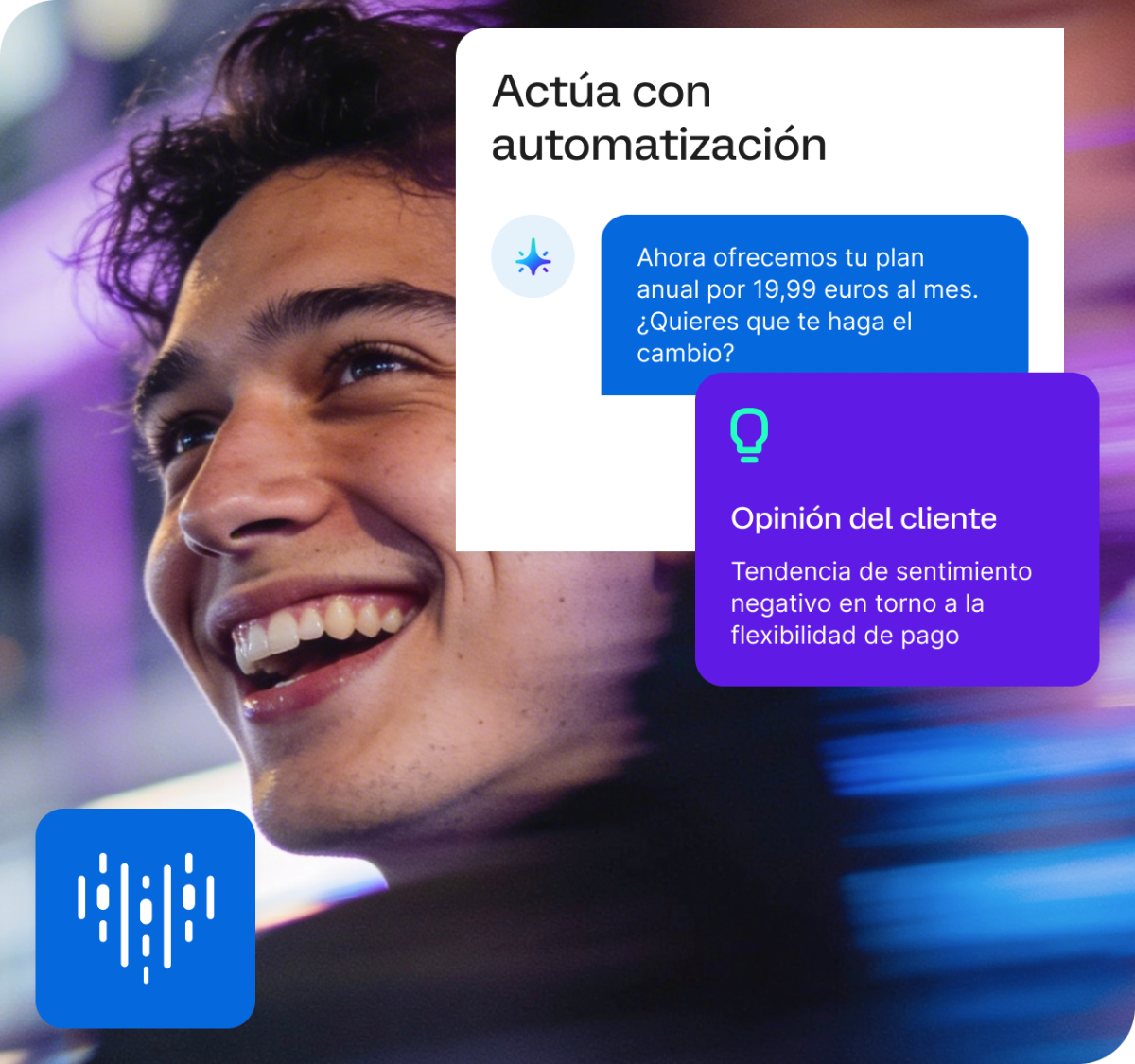 Cliente sonriente con la interfaz de usuario de automatización de Qualtrics, que muestra una oferta de suscripción sugerida por IA y una alerta de sentimiento del cliente sobre tendencias negativas en la flexibilidad de pago.