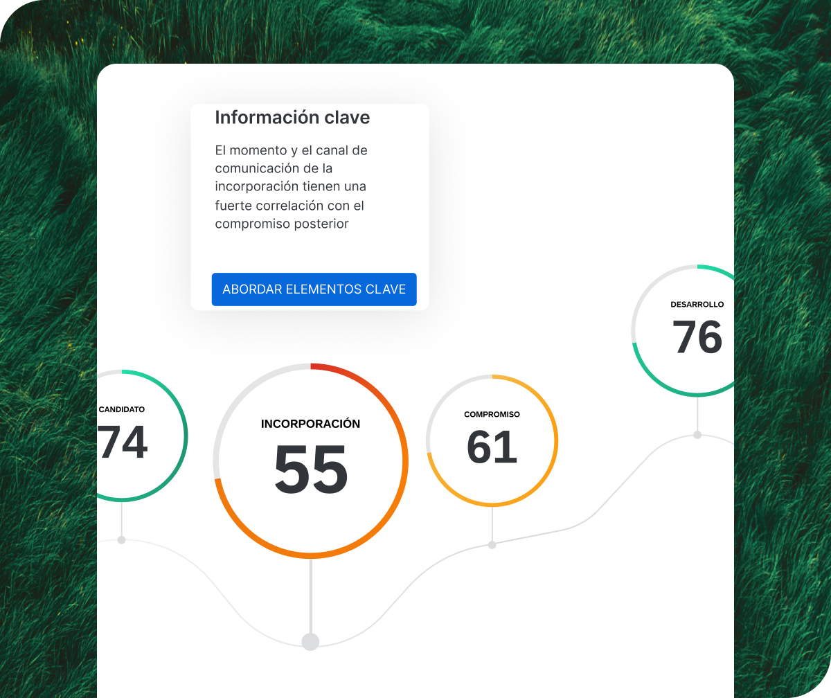 Una imagen sobre un fondo de césped verde que muestra un panel digital blanco en inglés. Presenta un gráfico de línea secuencial que conecta cuatro indicadores métricos circulares: “Candidate (74)”, “Onboarding (55)”, “Employee Engagement (61)” y “Employee Development (76)”. Una ventana emergente titulada “Key Insight” a la izquierda analiza la correlación de la comunicación en la incorporación e incluye un botón azul que dice “ADDRESS KEY ITEMS”.