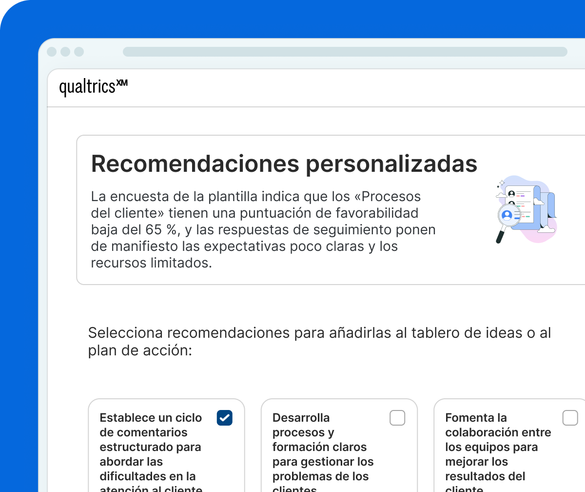 Una imagen de una interfaz de usuario digital en inglés bajo Qualtrics XM titulada “Personalized Recommendations”. Debajo de un texto explicativo sobre los resultados de una encuesta de empleados, aparecen tres tarjetas de recomendación con casillas de verificación: “Establish a structured feedback loop...” (marcada), “Develop clear processes...” (desmarcada) y “Enhance cross-team collaboration...” (desmarcada).