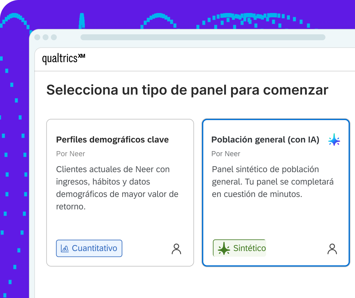 Una imagen de una interfaz web digital bajo Qualtrics XM titulada “Selecciona un tipo de panel para comenzar”. Muestra dos tarjetas de opción: “Perfiles demográficos clave” a la izquierda marcada con la etiqueta “Cuantitativo” y “Población general (con IA)” a la derecha destacada con un borde azul y marcada con la etiqueta “Sintético”.