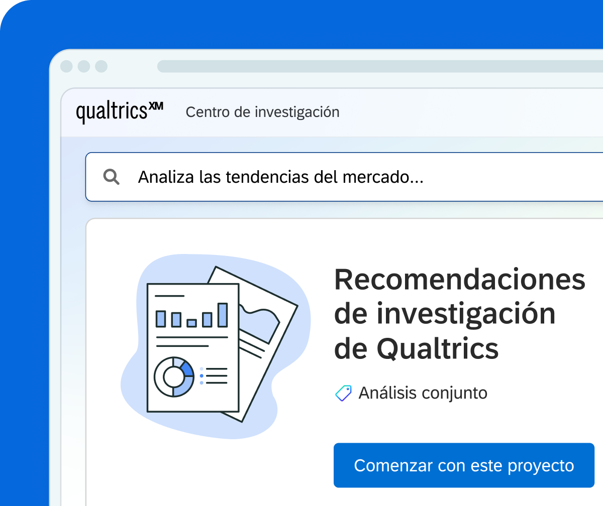 Una imagen de una interfaz web digital bajo Qualtrics XM titulada “Centro de investigación”. Muestra una barra de búsqueda con el texto “Analiza las tendencias del mercado...”, justo arriba de una sección titulada “Recomendaciones de investigación de Qualtrics” que incluye una ilustración de documentos, una etiqueta de “Análisis conjunto” y un botón azul donde se lee “Comenzar con este proyecto”.