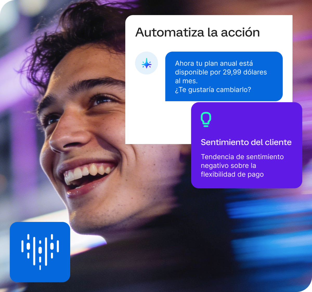 Un cliente sonriente con una IU de automatización de Qualtrics que muestra una oferta de suscripción sugerida por IA y una alerta sobre el sentimiento del cliente en relación con las tendencias negativas en materia de flexibilidad del pago.