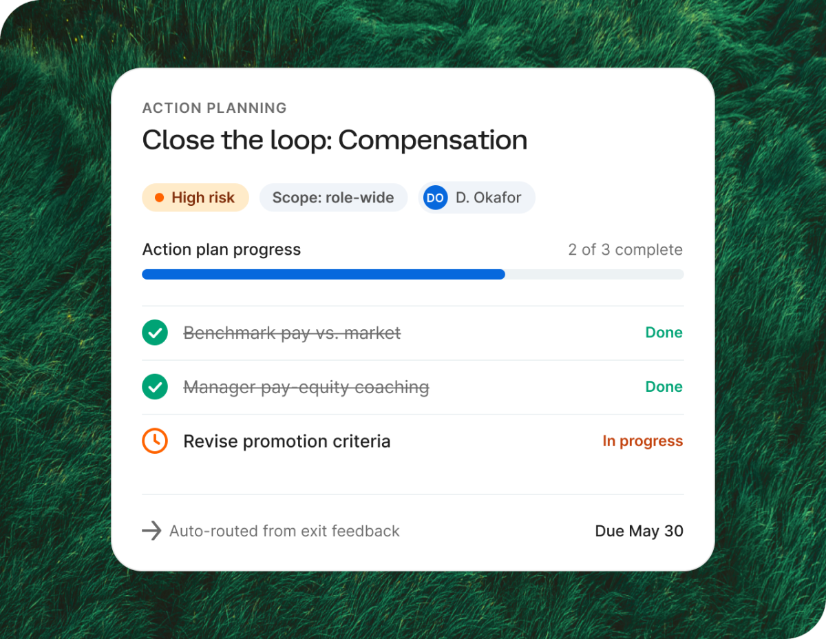 Action Planning - Closing the loop: Compensation report with progress bar and action items.