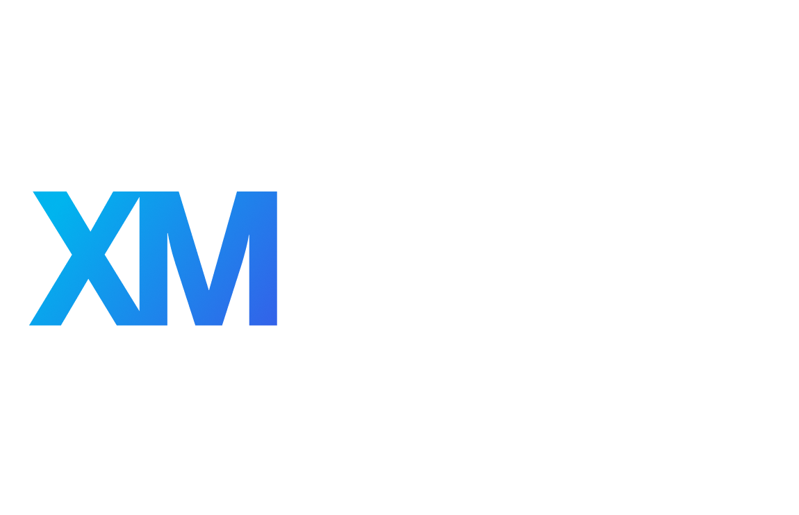 The text "XM Data & AI" in light blue and white font set against a dark blue background, encircled by a thin line connecting six small node icons.