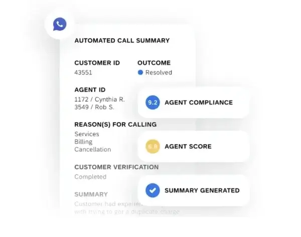 Automated call summary with agent scoring.