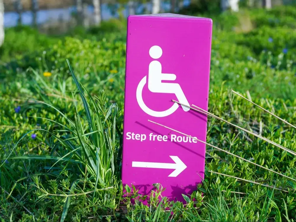 Pink accessibility sign with wheelchair symbol and text 'Step free Route' with arrow, positioned in grass