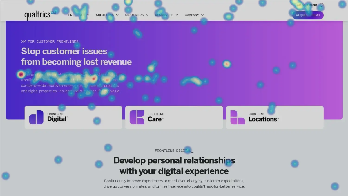 Website mouse movement heatmap example using Qualtrics XM for Customer Experience webpage.
