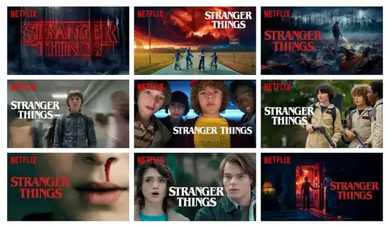 Screenshot of various "Stranger Things" show art on Netflix, showing different images and titles.